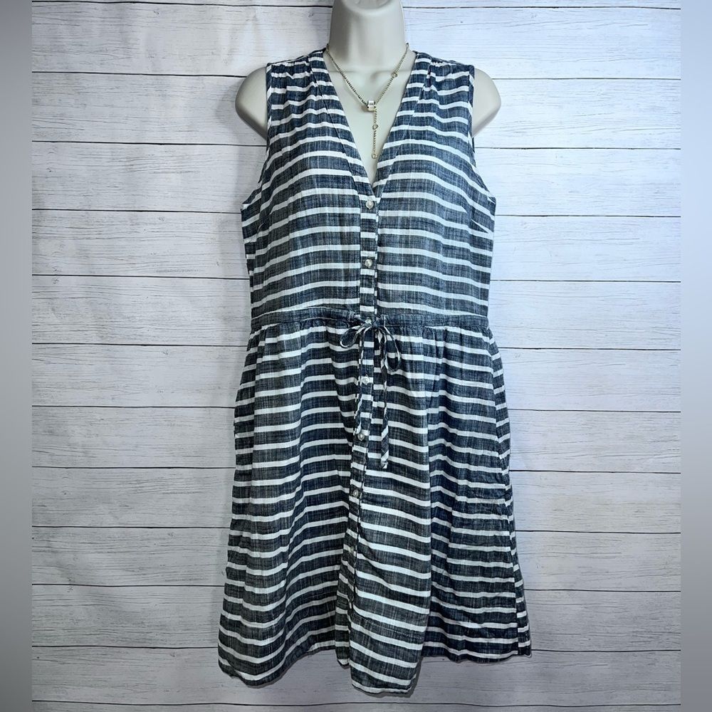Gap Linen Cotton Striped Button Down Dress Side Pockets Tie Front V Neck Size 6